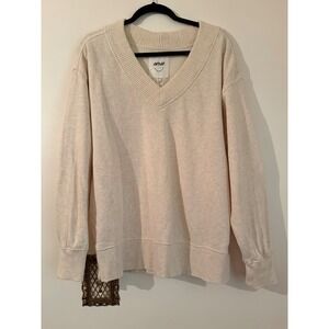 Aerie Womens Oversized V-Neck Sweatshirt Cream Oatmeal Ribbed Pullover XS